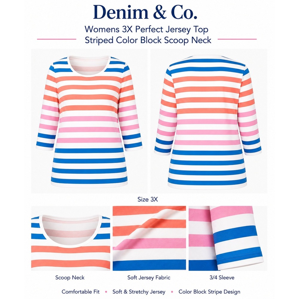 Denim & Co Womens 3X Perfect Jersey Stripe 3/4 Sleeve Scoop Neck Top A222175